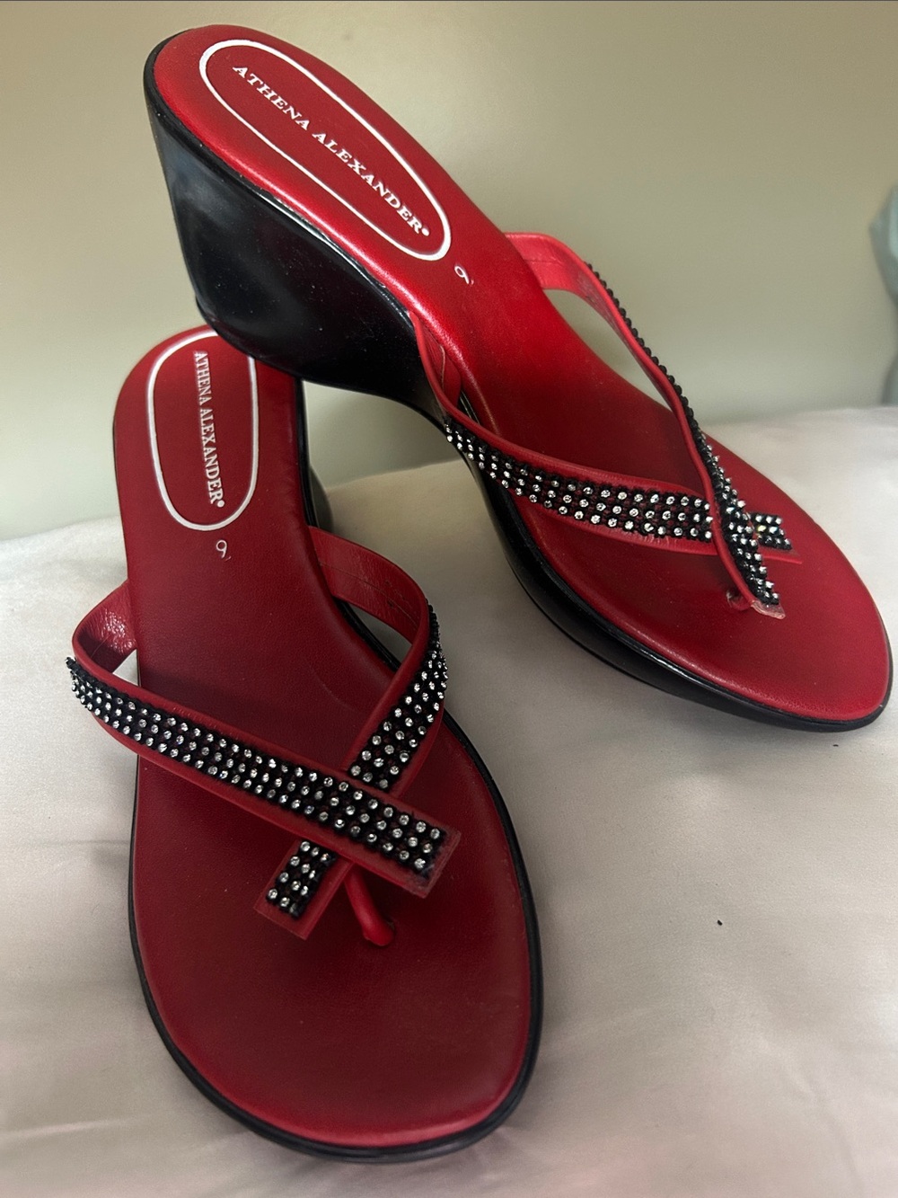 Athena Alexander Red and Black Crystal-Trim Wedge Thong Sandals